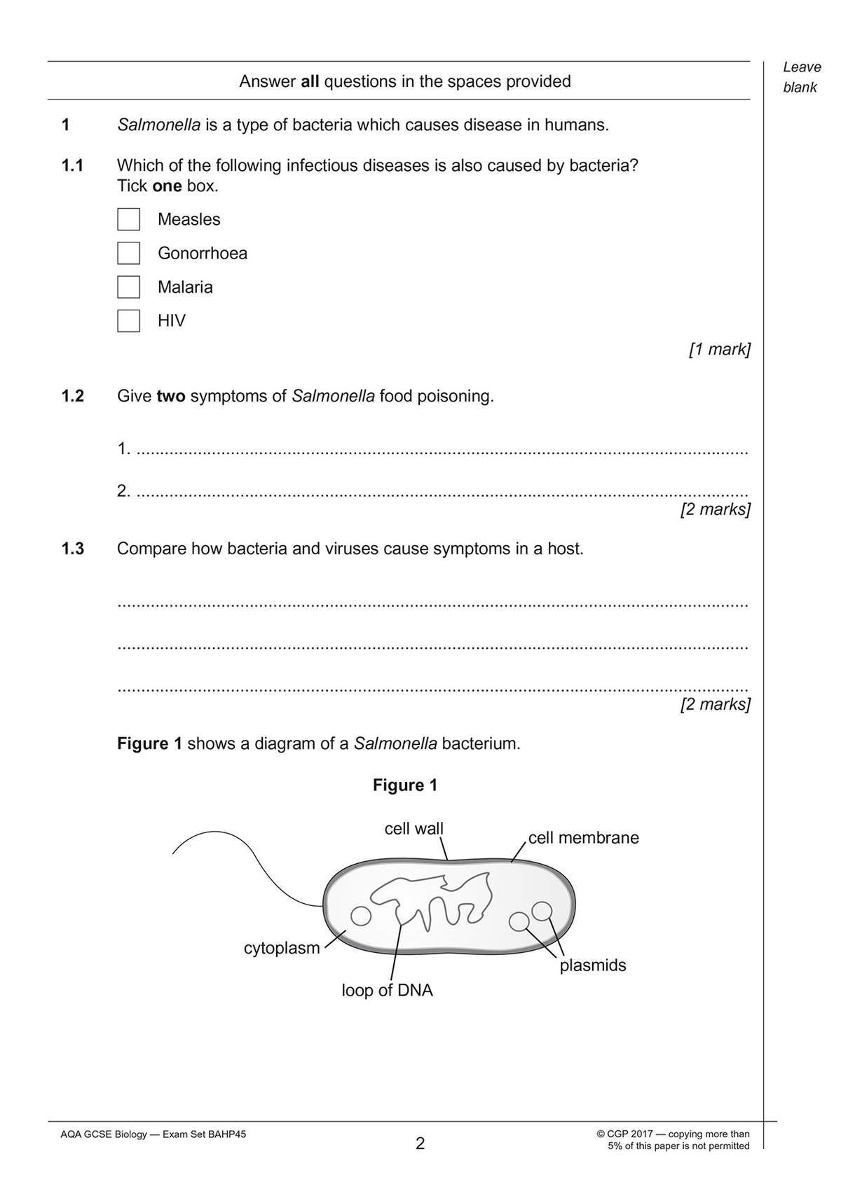 Students tick a box to identify a bacterial disease, list symptoms of Salmonella, compare bacteria and viruses