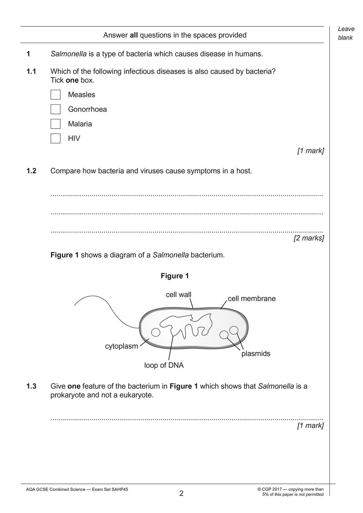 A science question page where students tick a box to identify a bacterial disease and write a comparison between bacteria