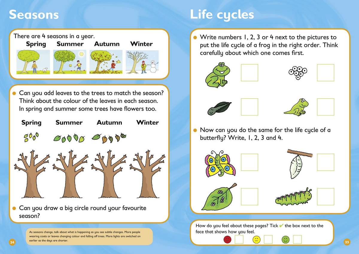 Children order frog and butterfly life cycles, draw leaves on trees, and circle their favourite season