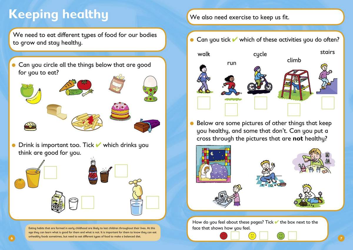 Children circle healthy foods, tick good drinks, cross out unhealthy activities, and rate their feelings
