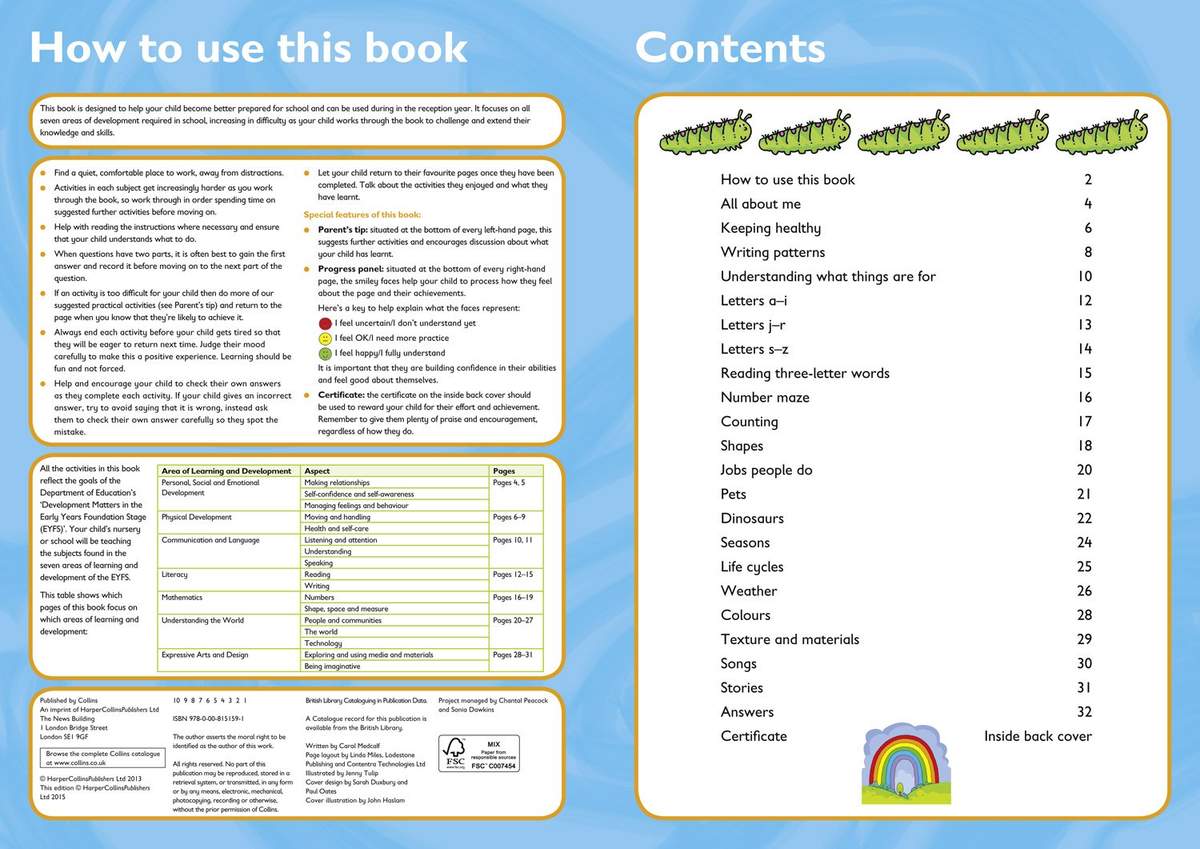 A contents page listing early learning topics from letters to counting, with page numbers and a table of learning areas