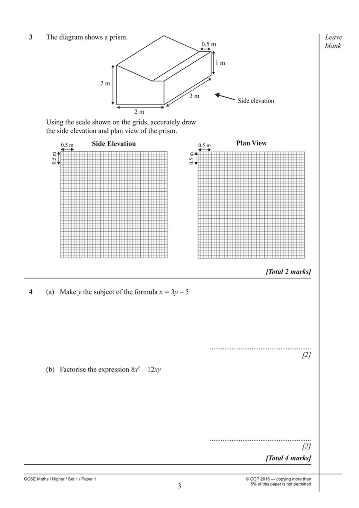 A geometry question asks students to draw the side elevation and plan view of a prism