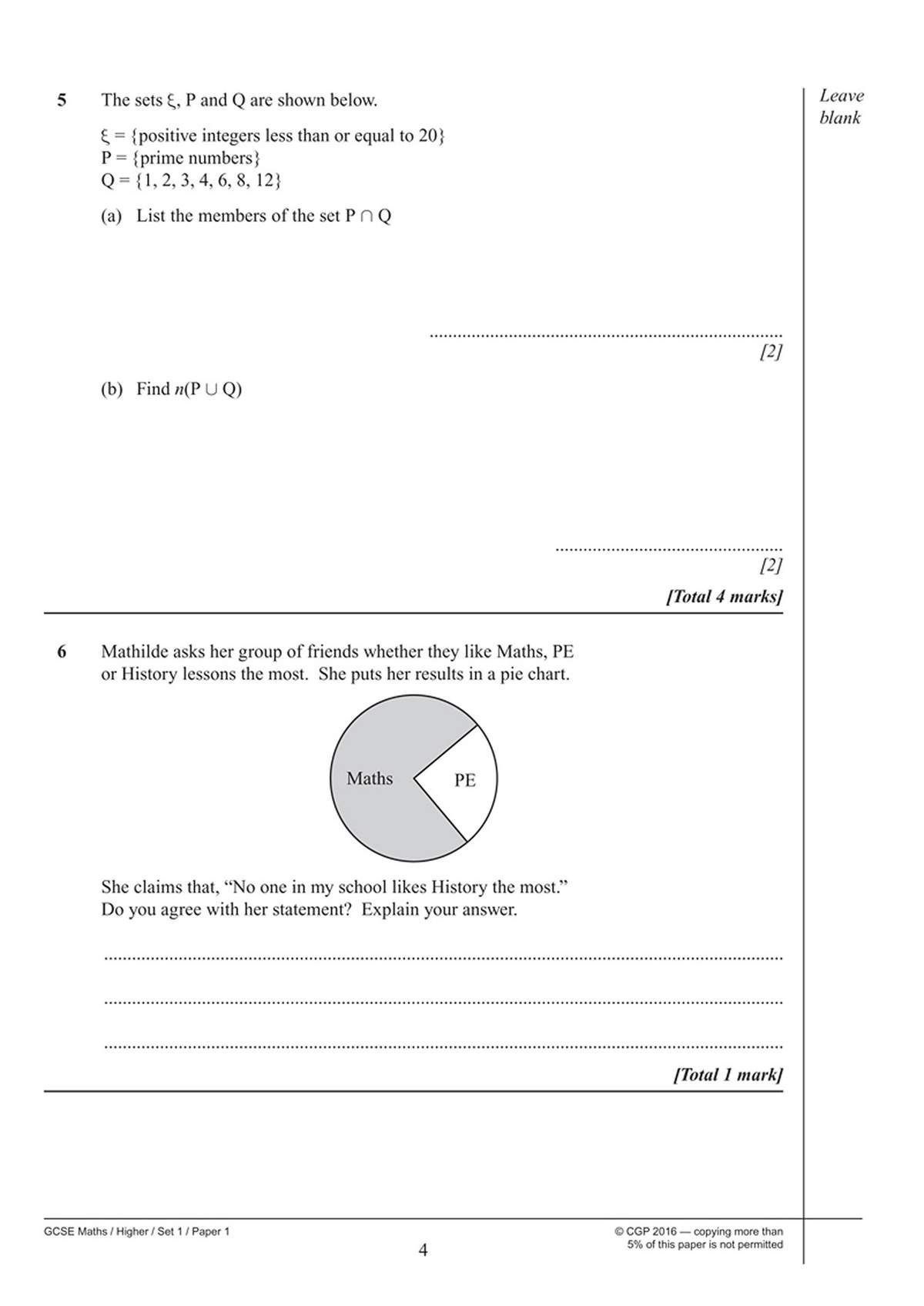 Two questions on set notation and interpreting a pie chart, requiring students to list set members and explain a claim based