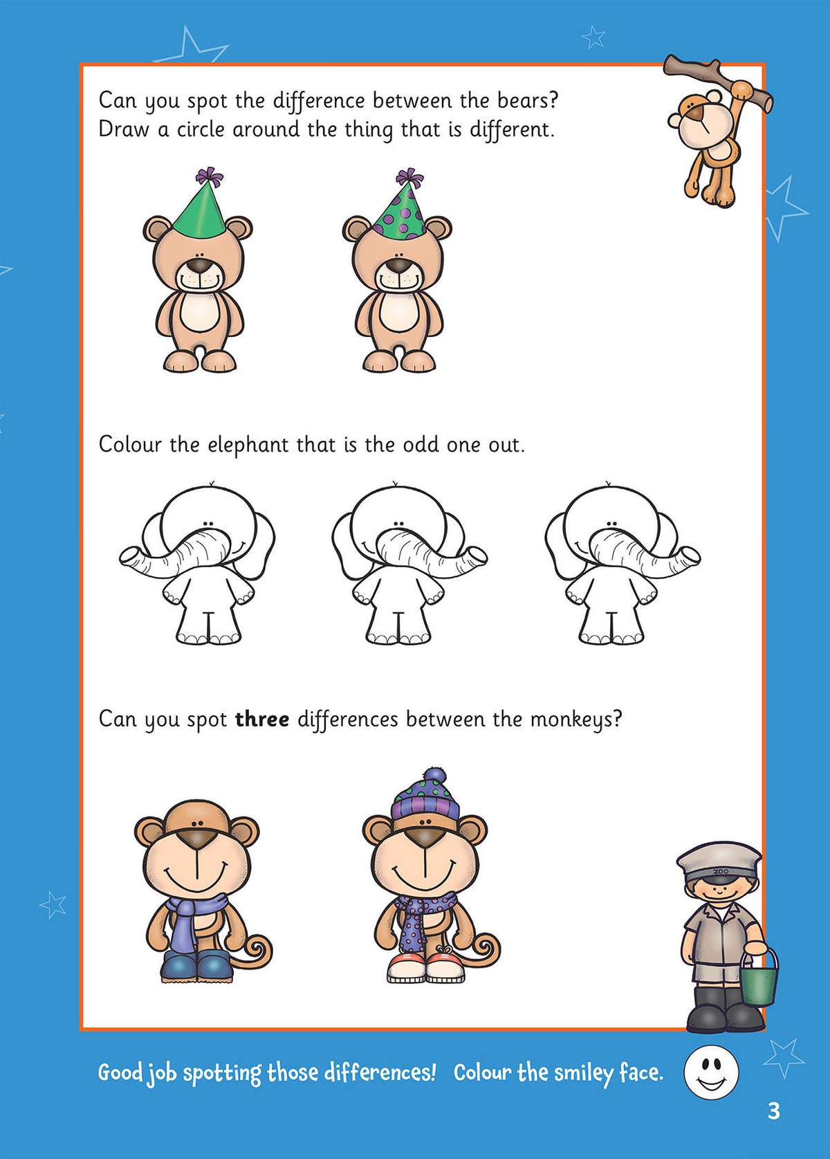 Children circle differences between bears, colour the odd elephant out, find three differences between monkeys