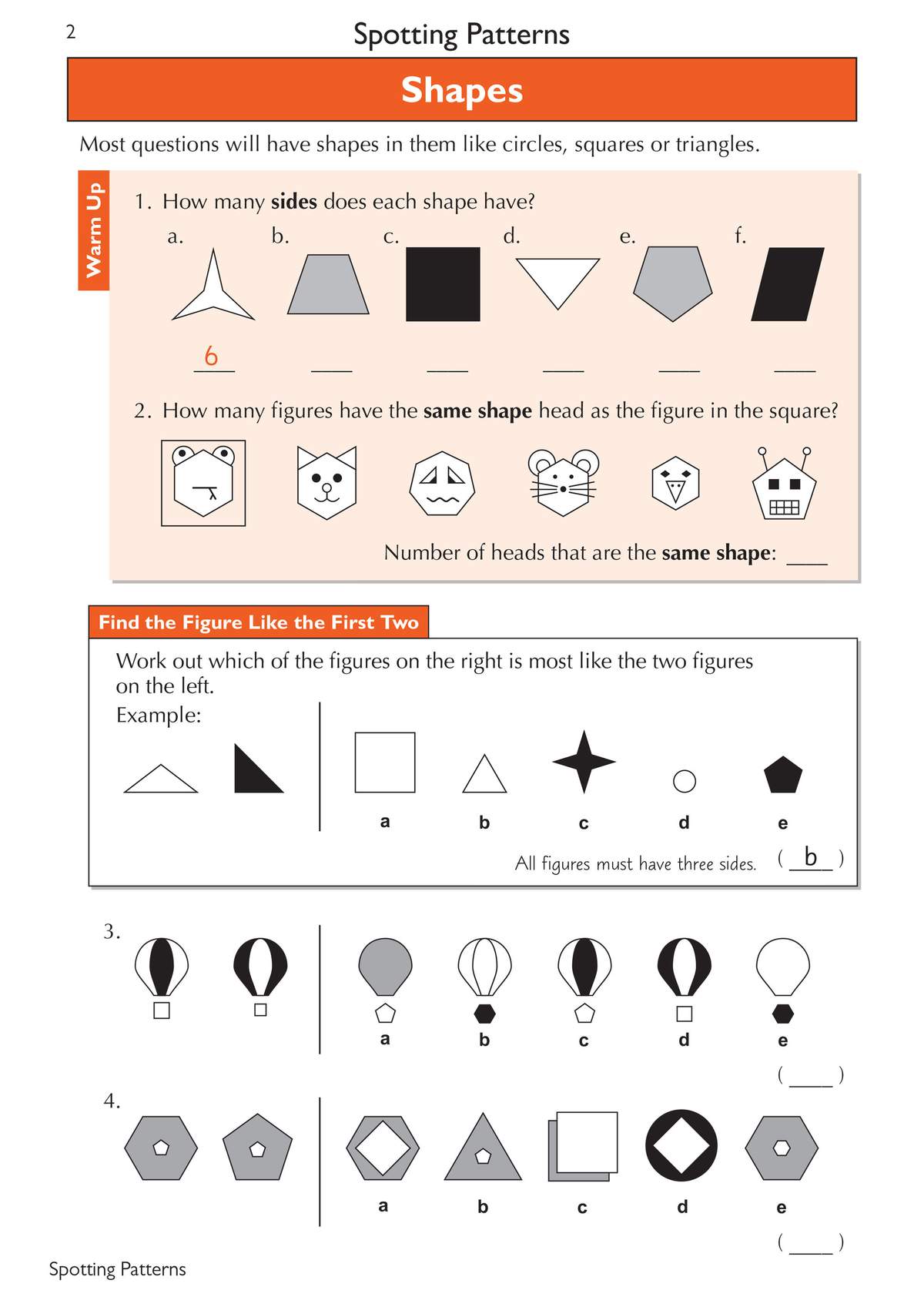 Children count sides of shapes, find matching heads, and select figures that fit a pattern rule
