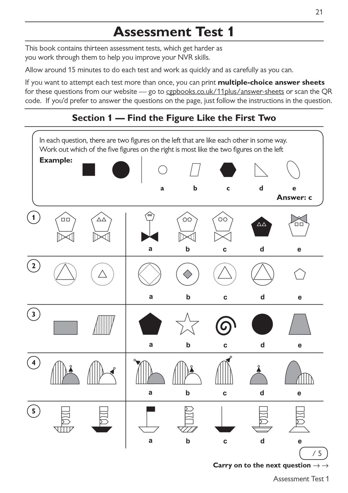 Five non-verbal reasoning questions where children find the matching shape from five options