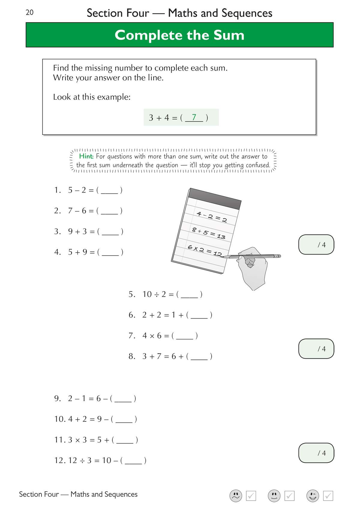 Children complete 12 missing number sums using basic operations, with a hint to write out answers to avoid confusion