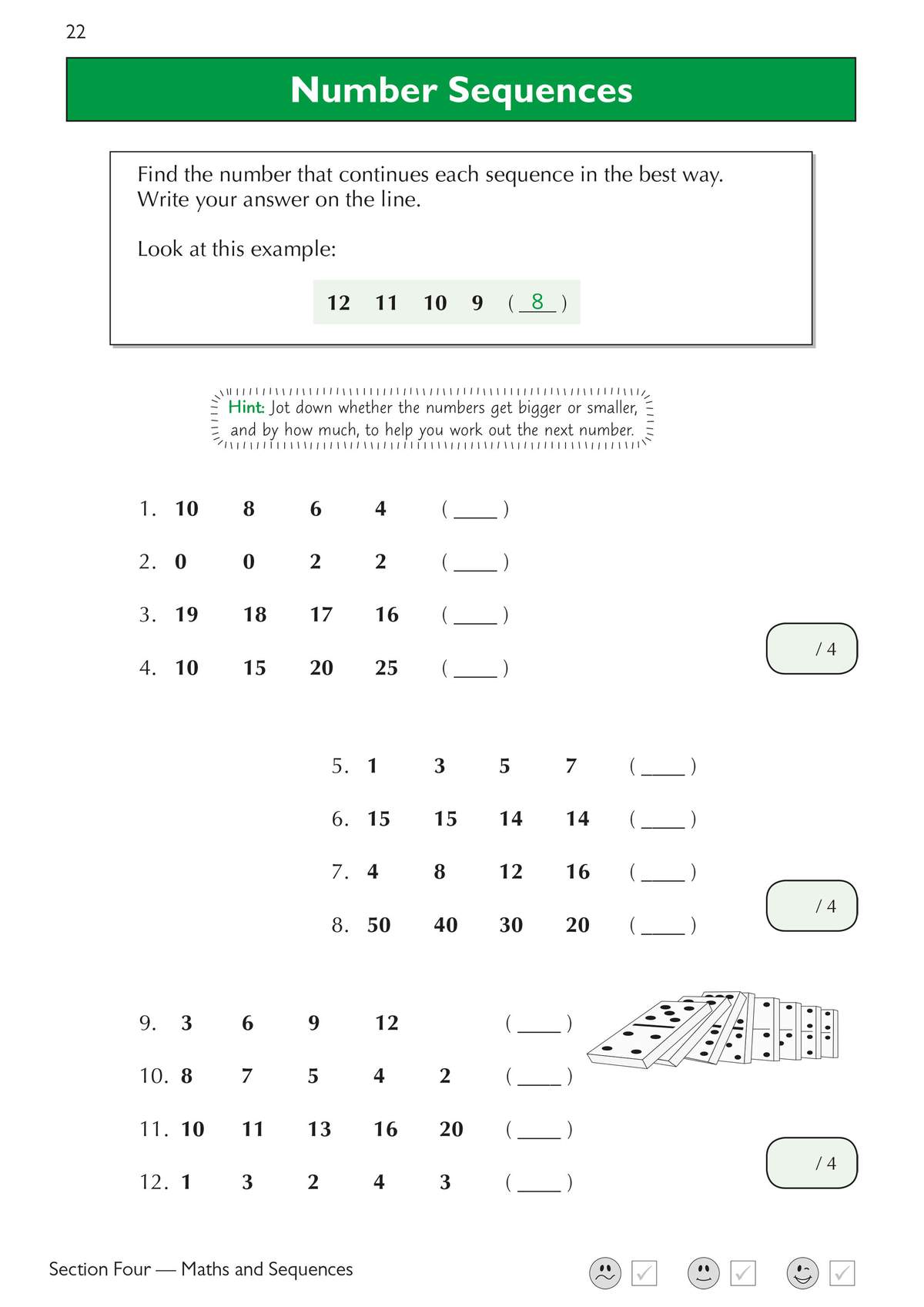 Twelve number sequences to complete, with a domino illustration and a hint to help children work out the pattern