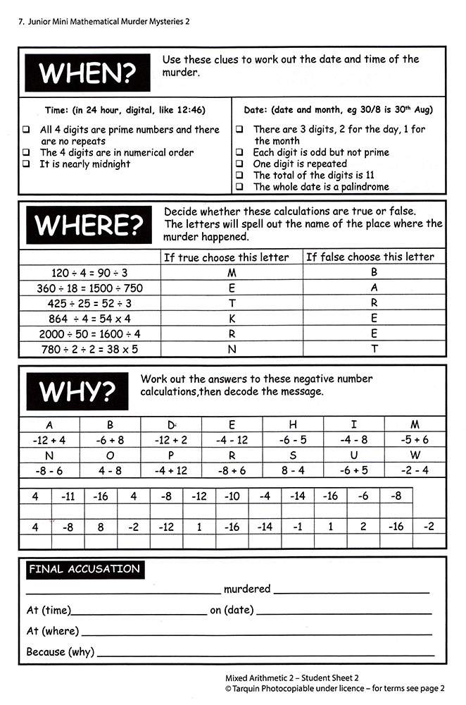 Children solve negative number calculations and logic puzzles to deduce the time, place and reason of a fictional murder