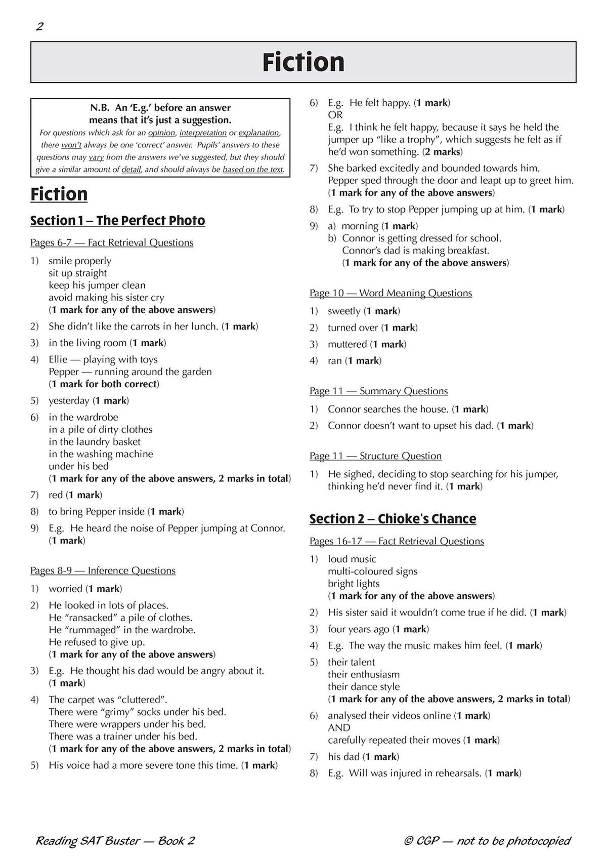 A page of model answers for fiction questions, showing how to write full sentences to score marks