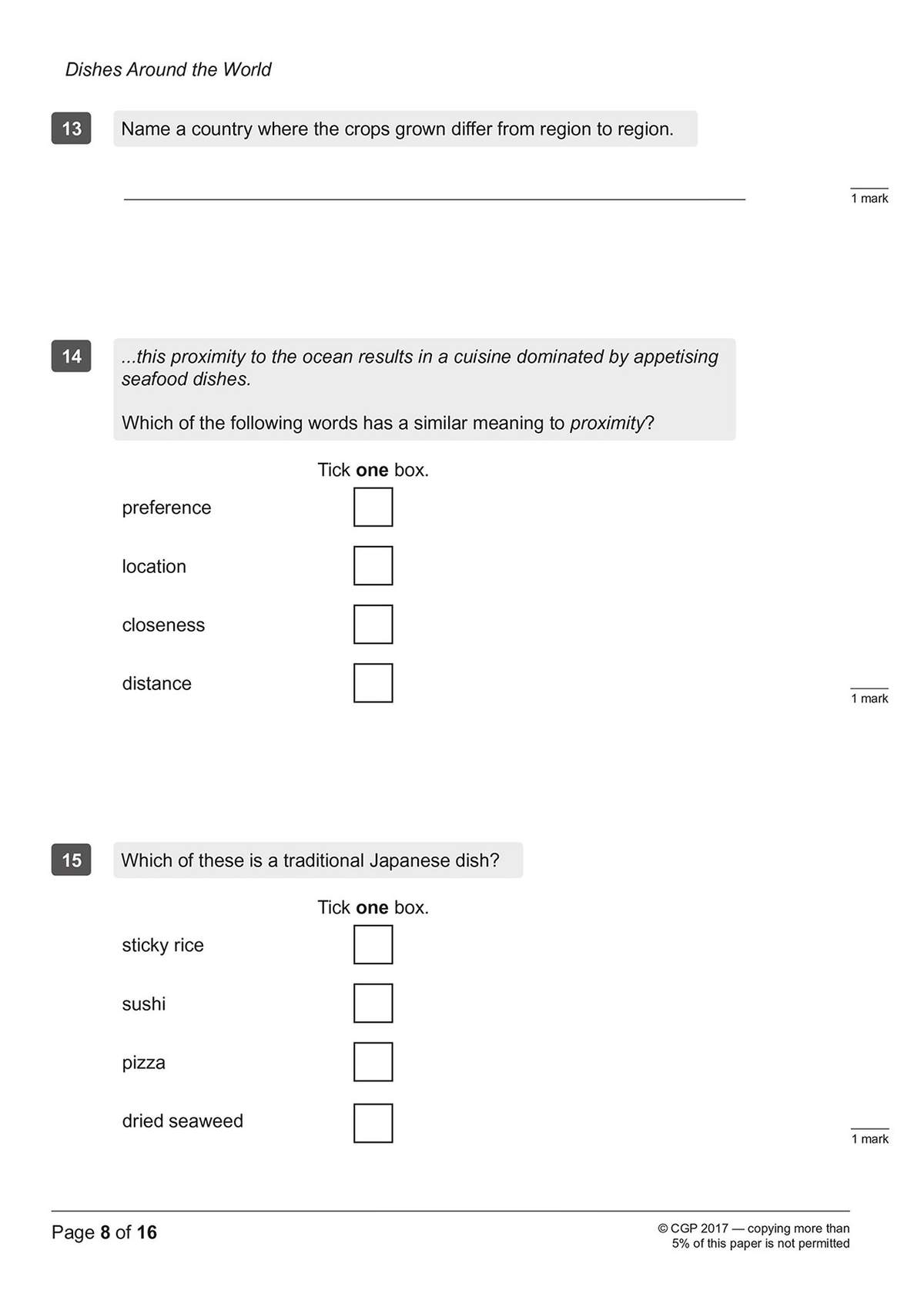 Three questions on global food and vocabulary, including a short answer and two multiple-choice items
