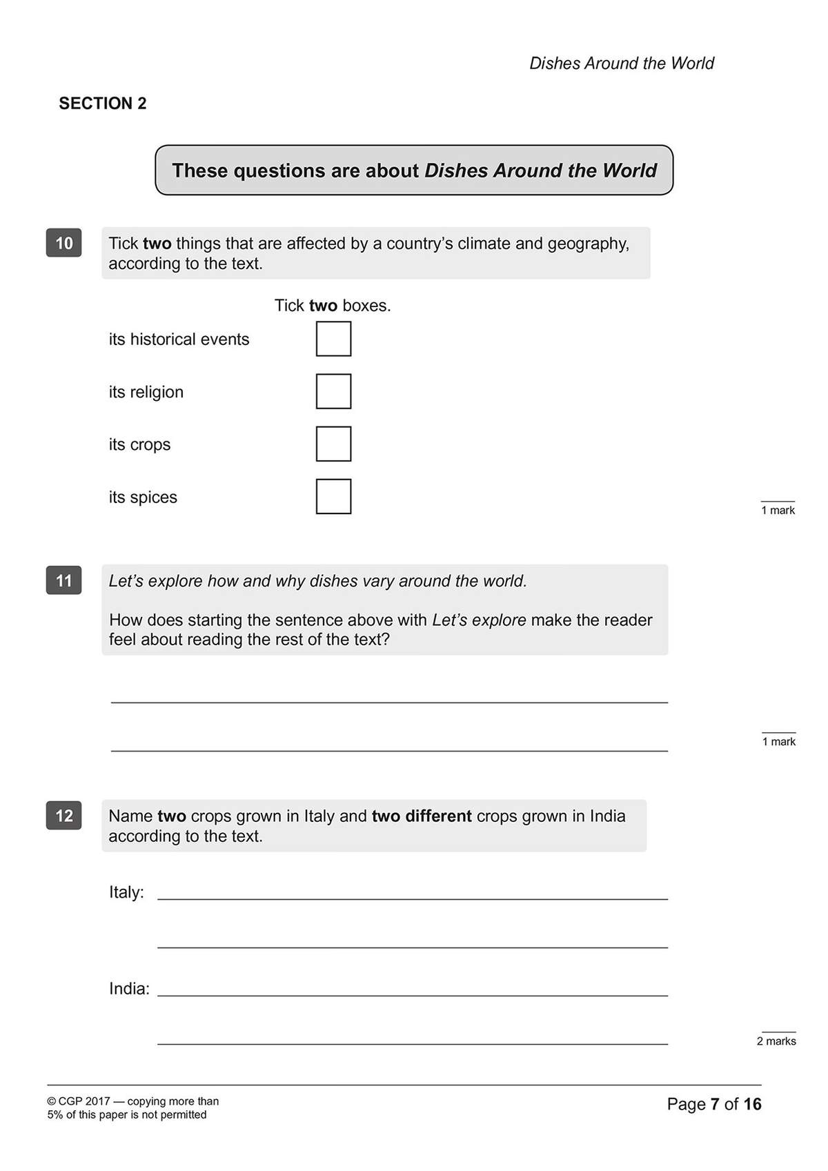 Three questions on a reading passage about global dishes, requiring tick boxes and short written answers