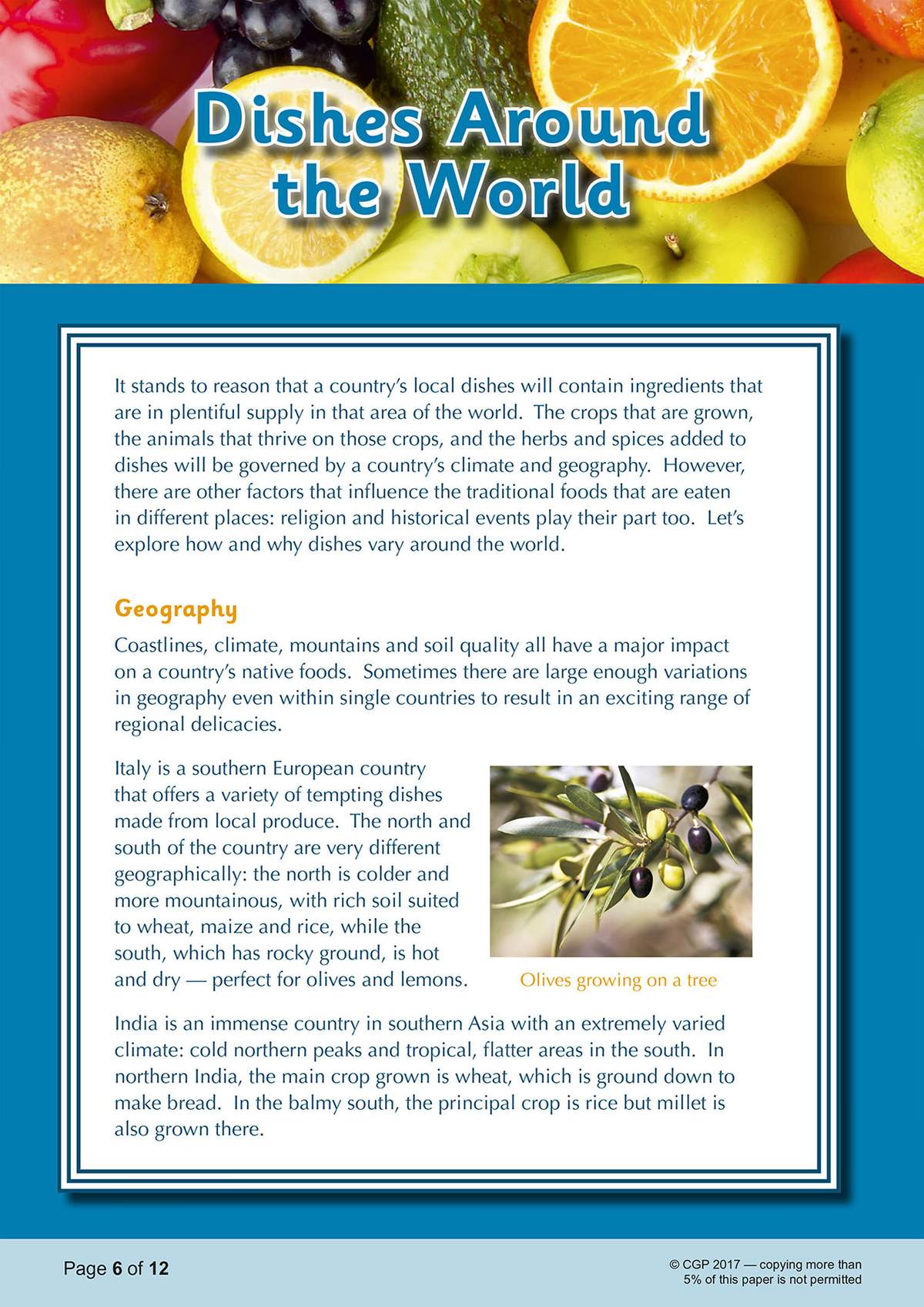 A text explaining how climate and geography influence local dishes, with a photo of olives to illustrate the point