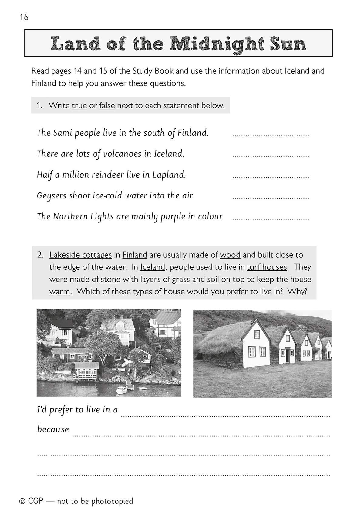 Children read a short text about housing in Iceland and Finland, then answer true or false questions and write their