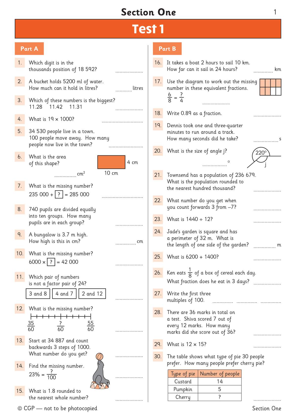 A full test page with 30 questions covering place value, fractions, geometry and word problems for Year 5 and 6 pupils