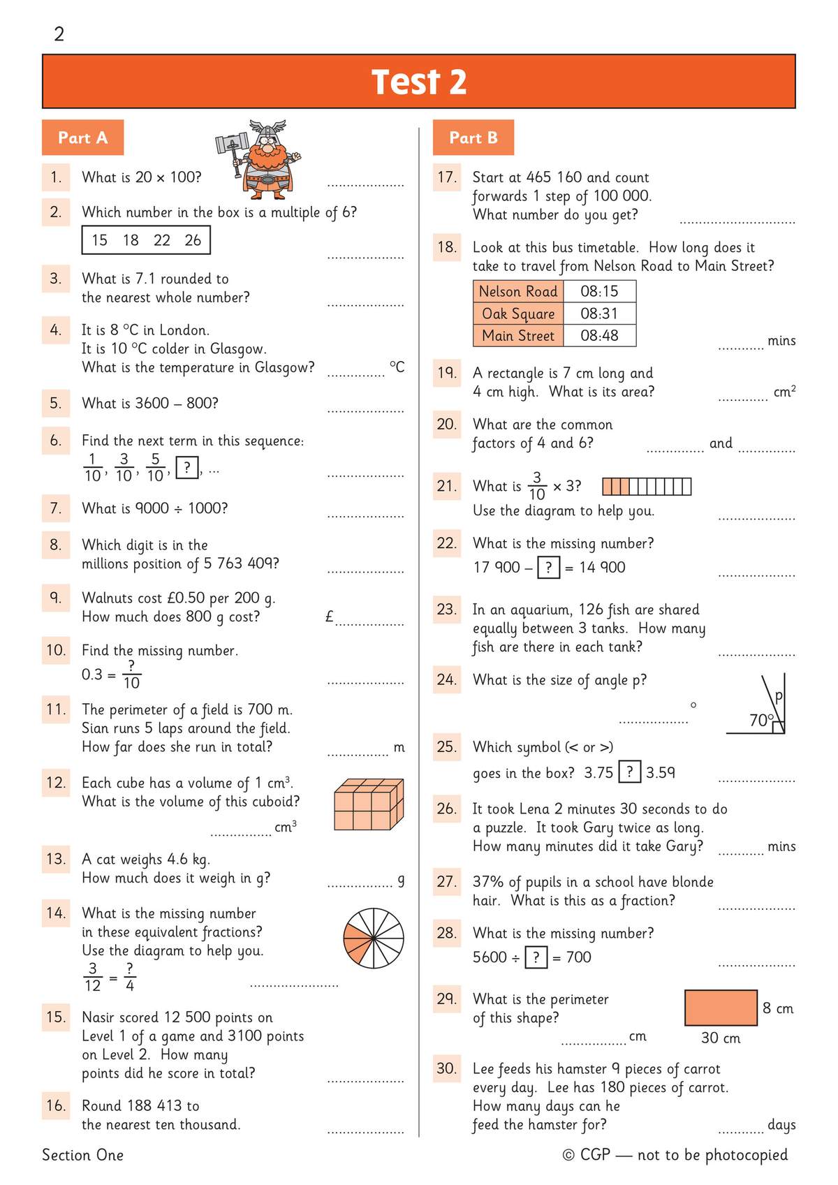 A two-part test with 30 questions on mental maths, including calculations, rounding, and word problems