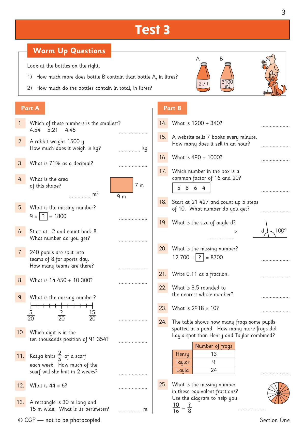 Twenty-five mixed maths questions on decimals, fractions, percentages and calculations, with diagrams to help