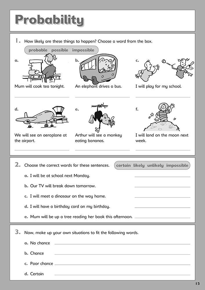 Children choose words to describe likelihood, then write their own sentences to match phrases like 'no chance' and 'certain'