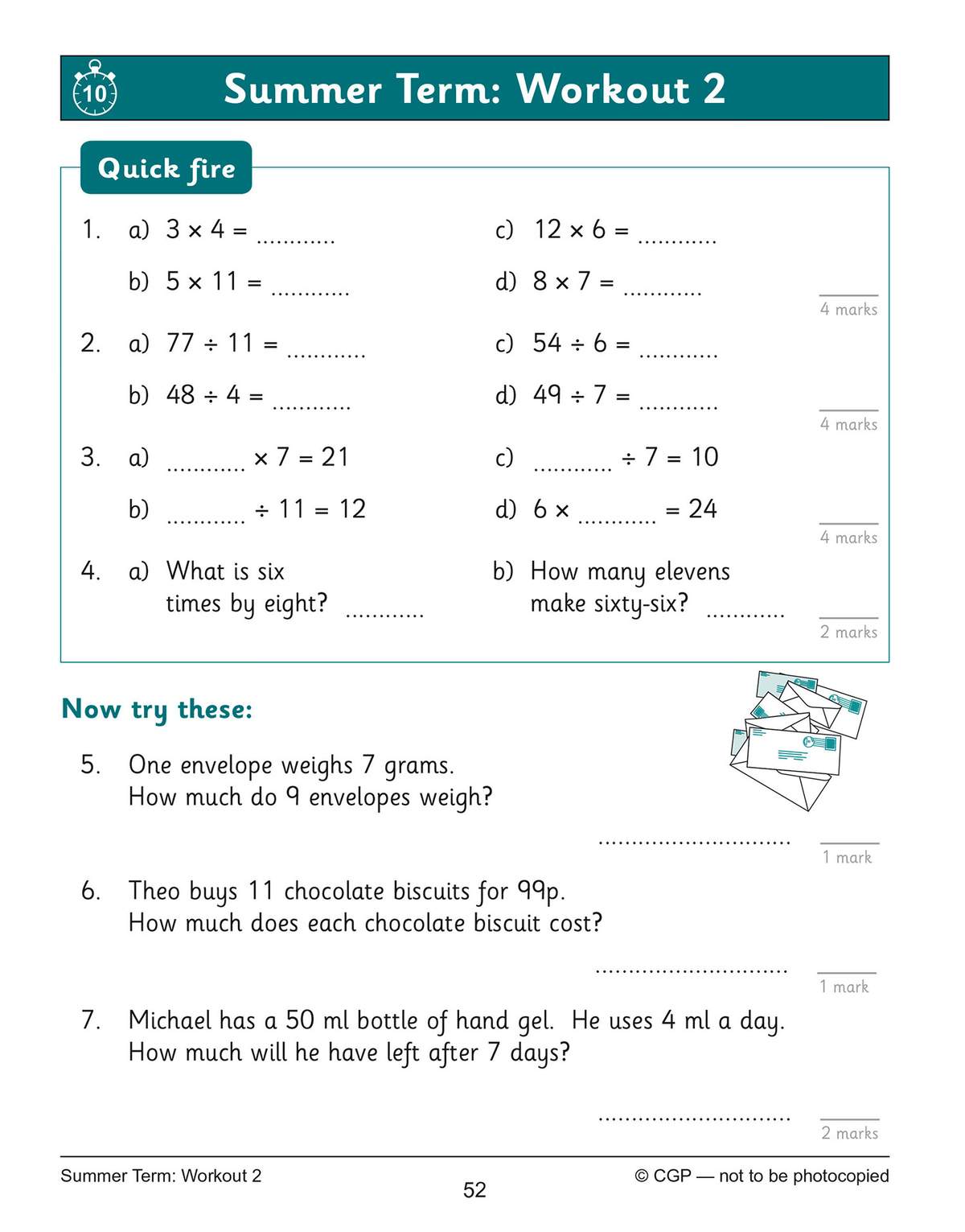 A quick-fire section of multiplication and division sums, followed by three word problems on weight, cost and volume
