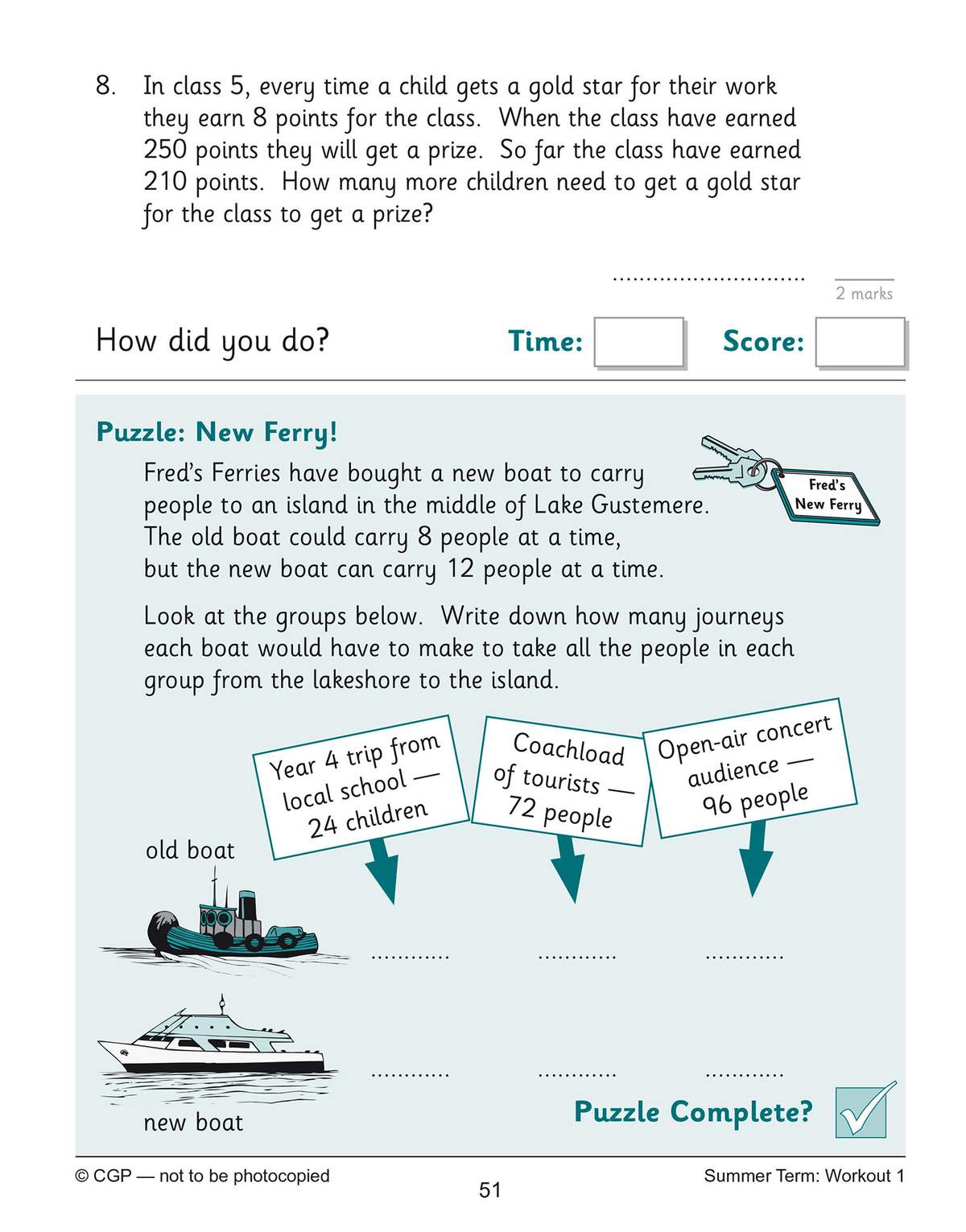 A maths puzzle where children calculate how many journeys two boats need to make for different groups of people
