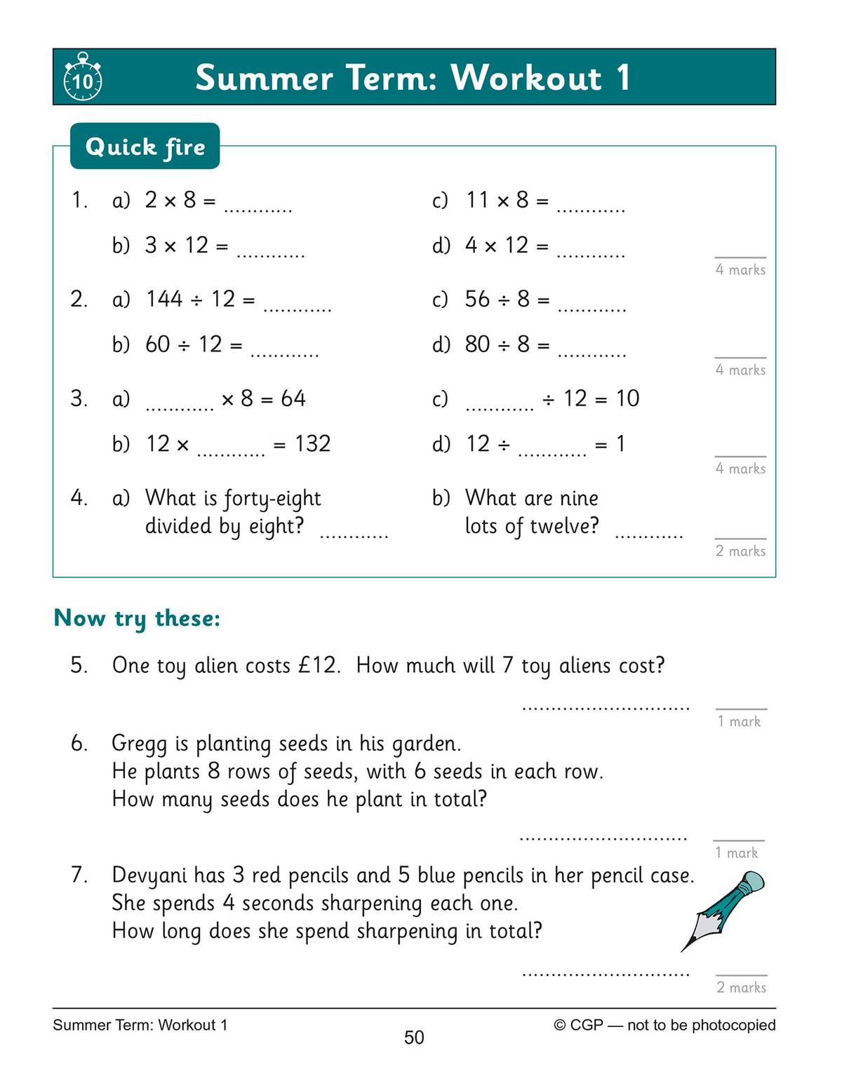 A quick-fire section of multiplication and division sums, followed by word problems on cost and multiplication