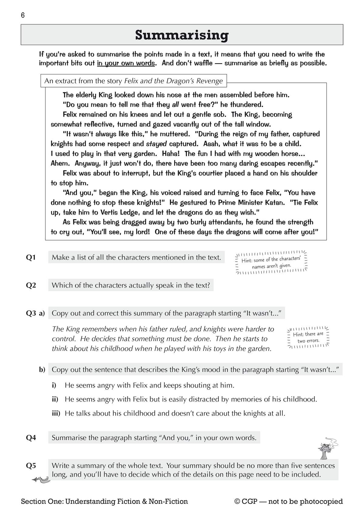 A reading passage about a King and Felix, followed by five tasks to list characters