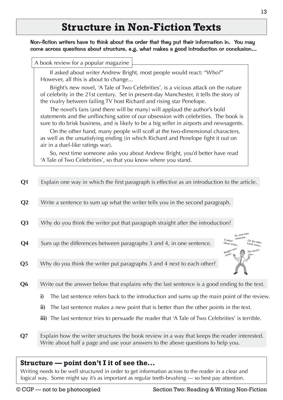 A book review text is provided for analysis, followed by seven questions on structure