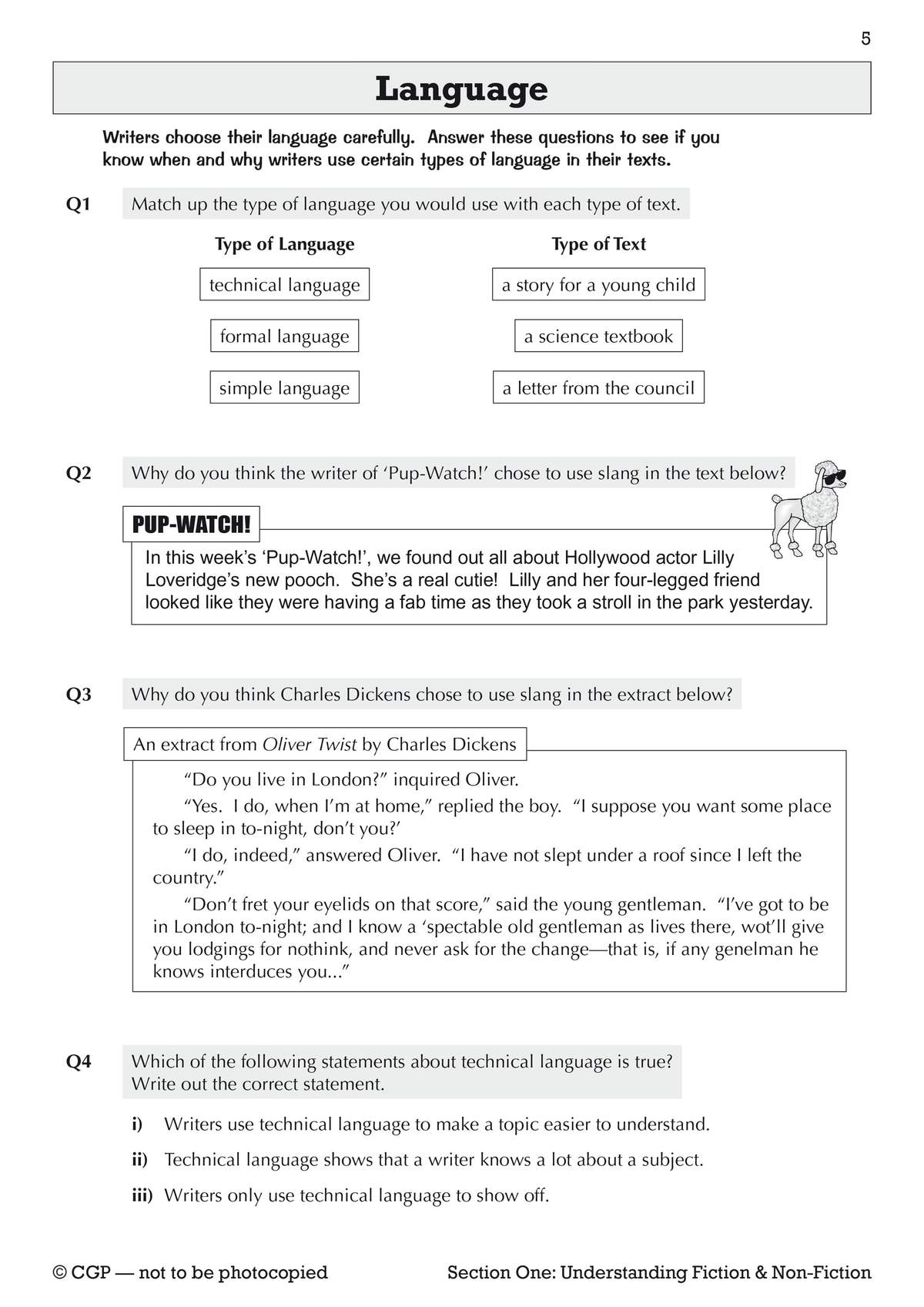 Four questions on language types, including a matching exercise, a short extract from Oliver Twist