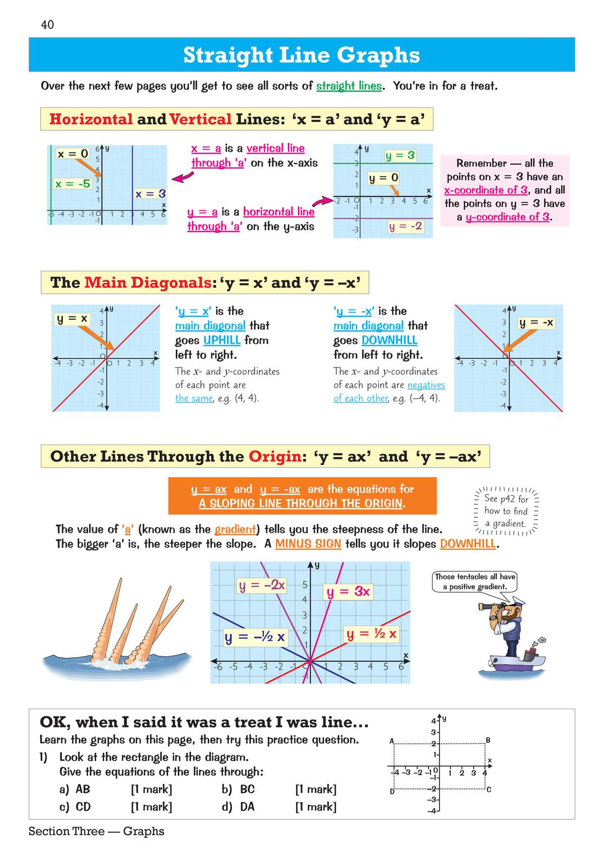 Clear notes on horizontal, vertical and diagonal lines, with a practice question to find equations for a rectangle