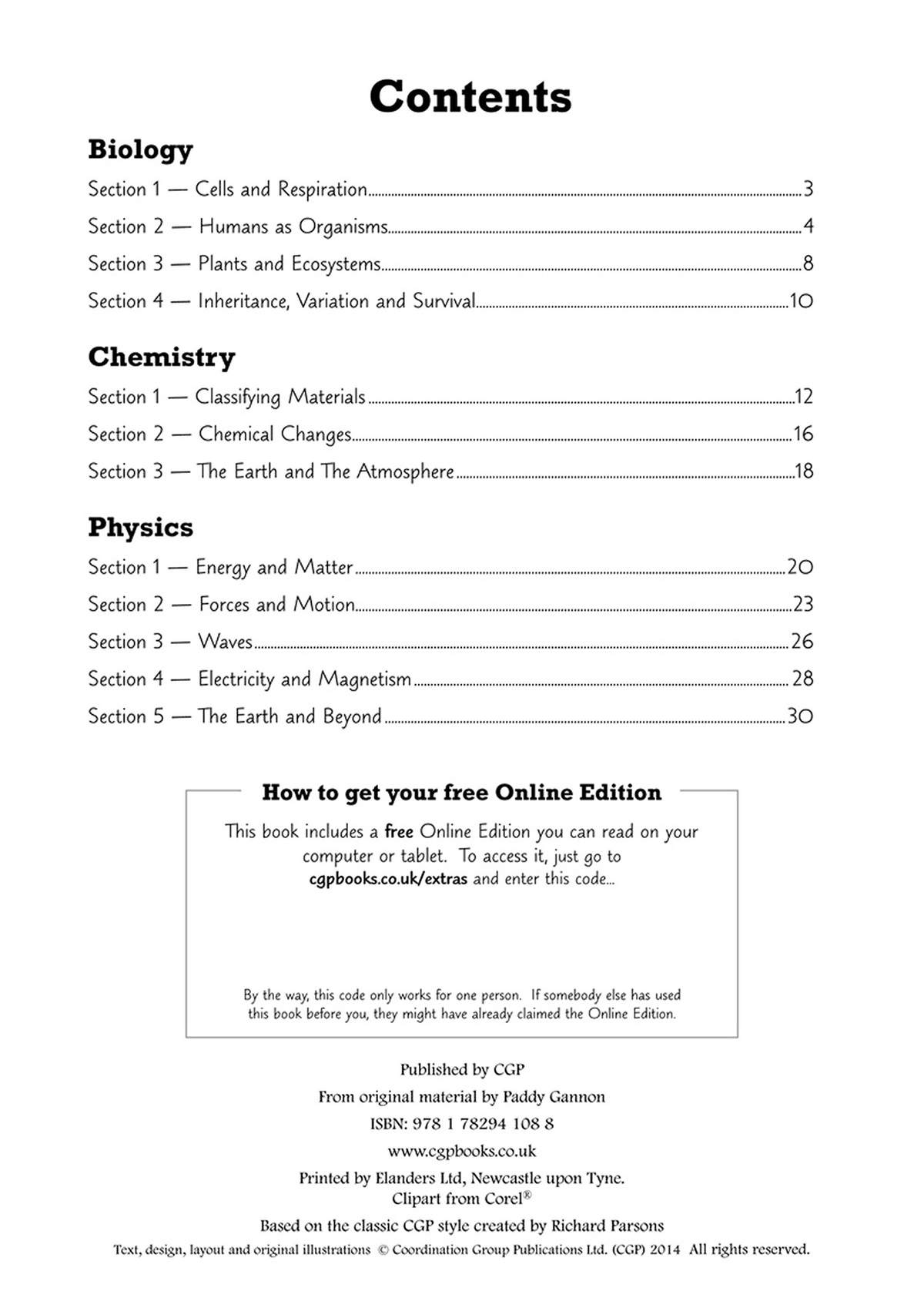 A table of contents listing Biology, Chemistry and Physics sections with page numbers