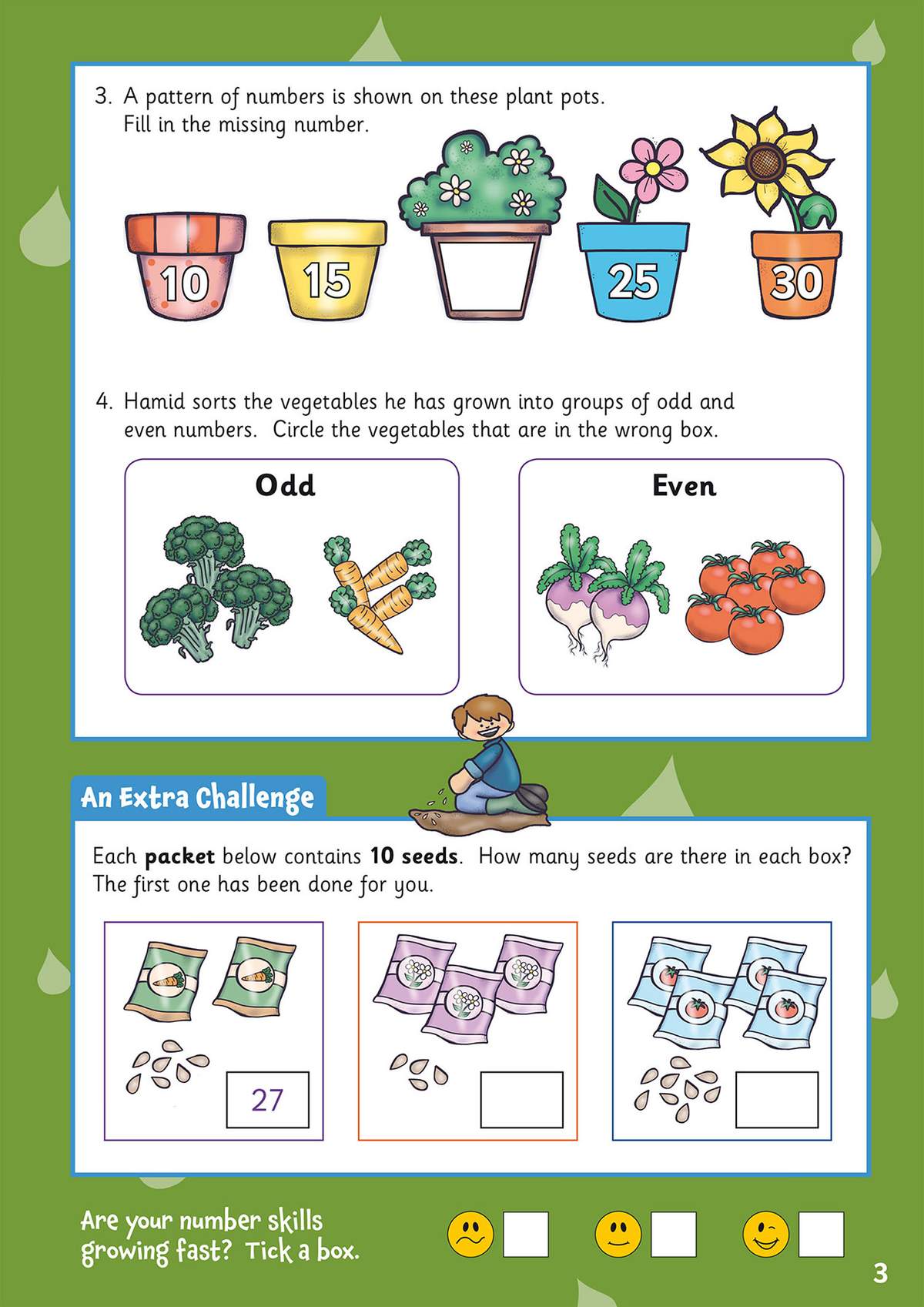 Children fill in missing numbers in a pattern, circle vegetables in the wrong box, and calculate seeds in packets