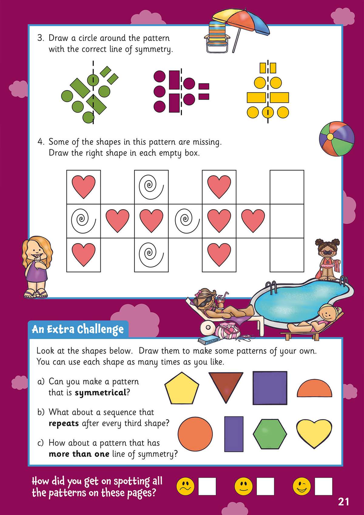 Children draw lines of symmetry, complete missing shapes in a grid, and create their own symmetrical patterns using shapes