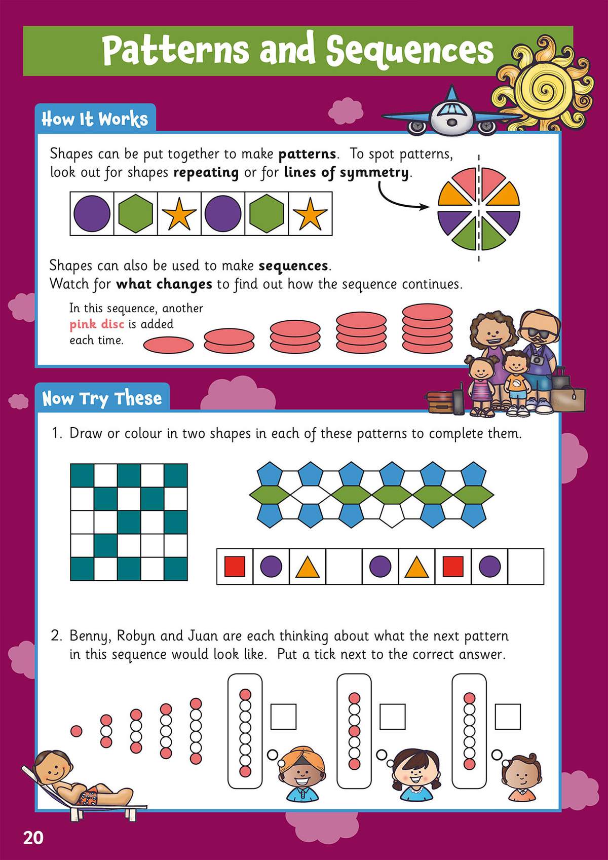 A page on patterns and sequences with examples and exercises to draw, colour and tick