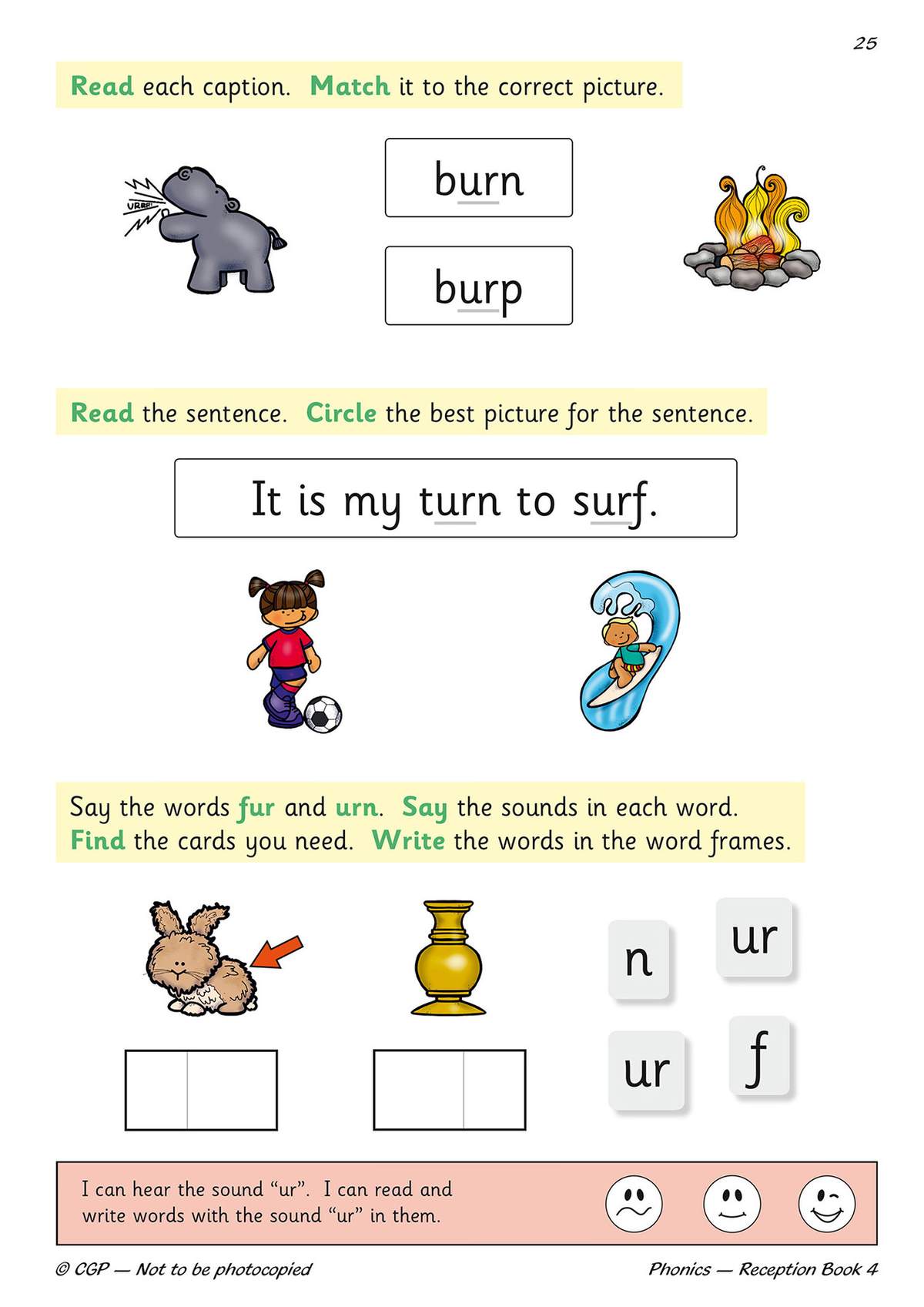 Children match captions to pictures, circle the best image for a sentence, and write words using the 'ur' sound in frames
