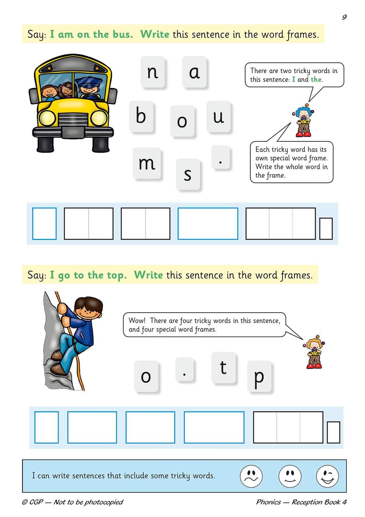 Children write sentences using word frames and letter tiles, practising tricky words like 'I' and 'the' with visual support