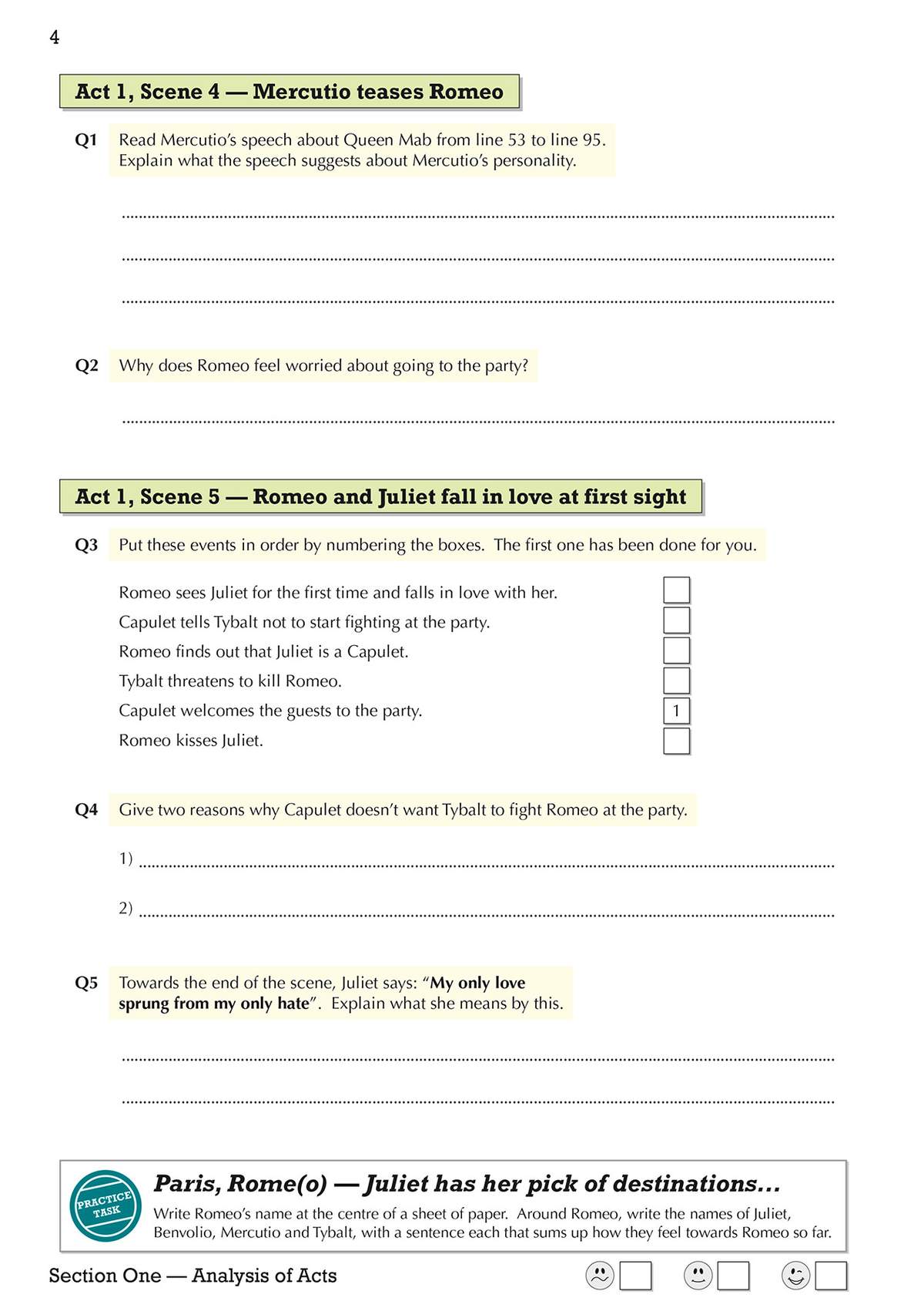 Students answer five questions about Act 1, Scene 4 and 5, including ordering events and explaining character motivations