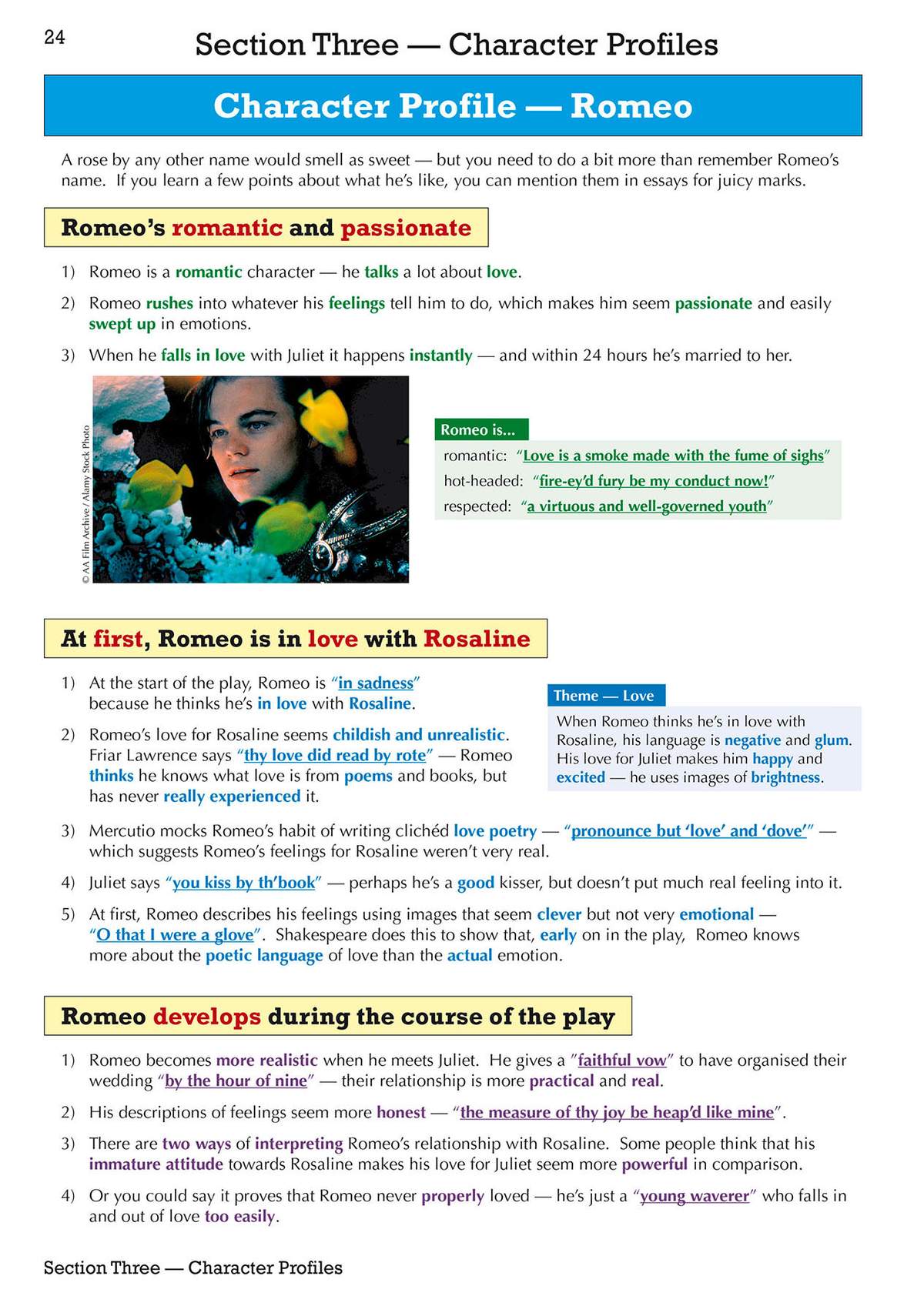 Detailed notes on Romeo's romantic nature and development, supported by a photograph and key quotes