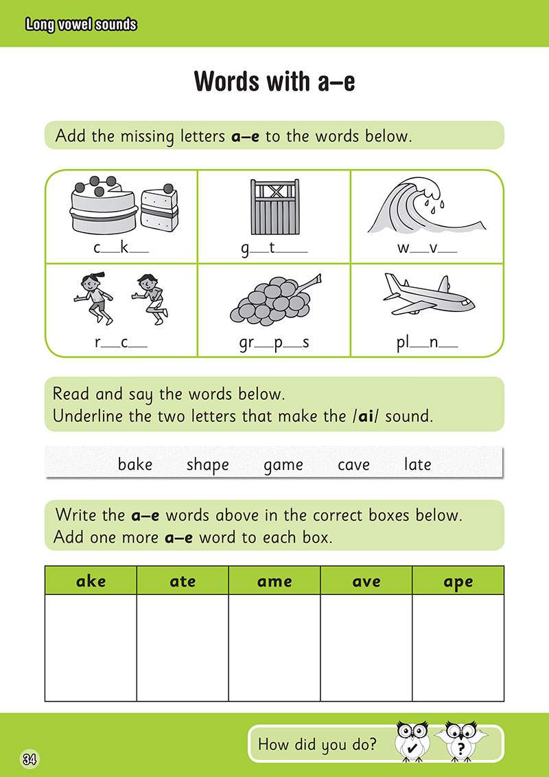 Children fill in missing letters, underline the /ai/ sound in words, and sort words into boxes