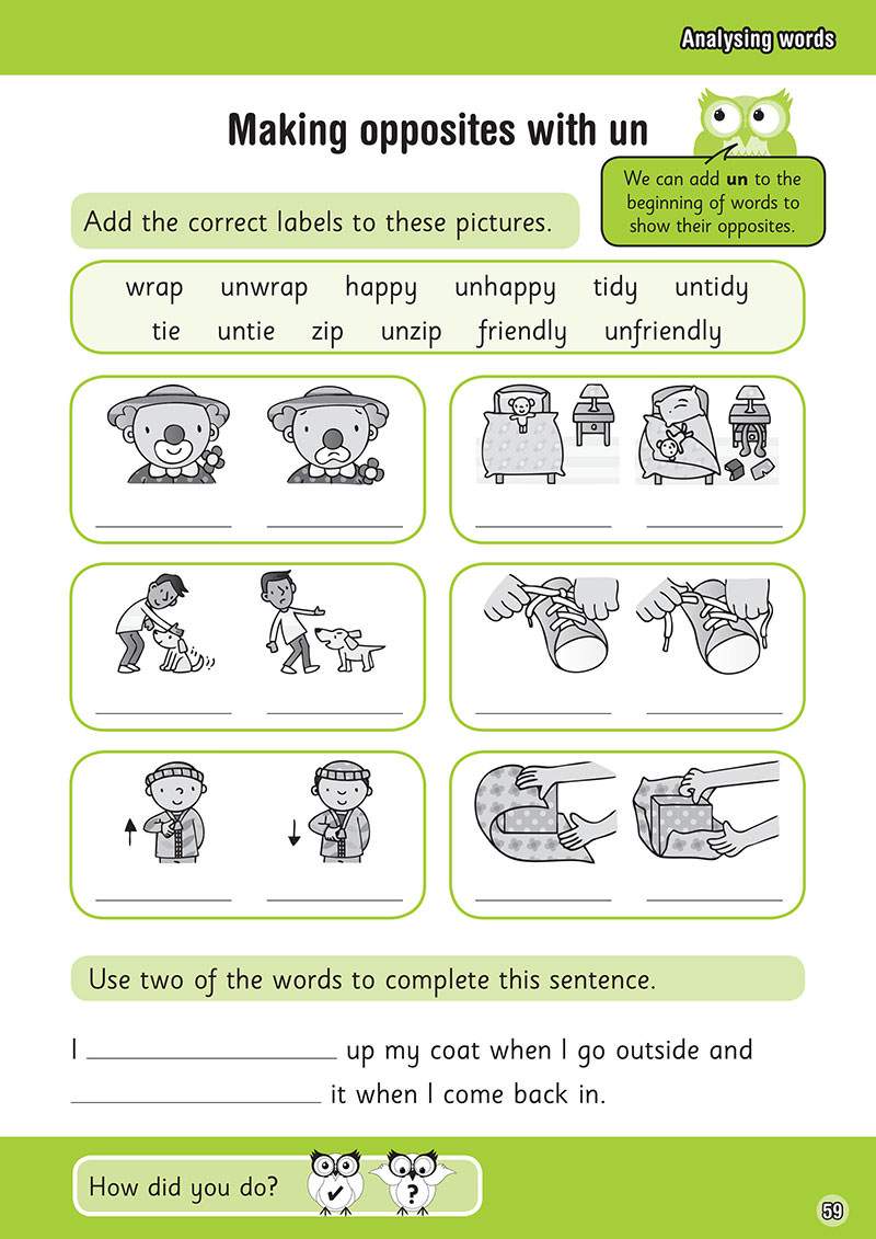 Children match pictures to opposite word pairs and complete a sentence using 'zip' and 'unzip' to practise prefixes