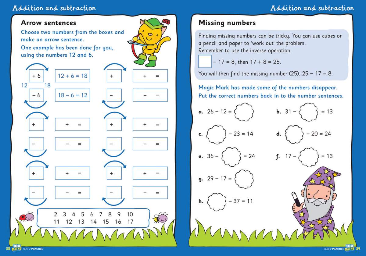 Children choose numbers to make arrow sentences and fill in missing numbers in subtraction equations