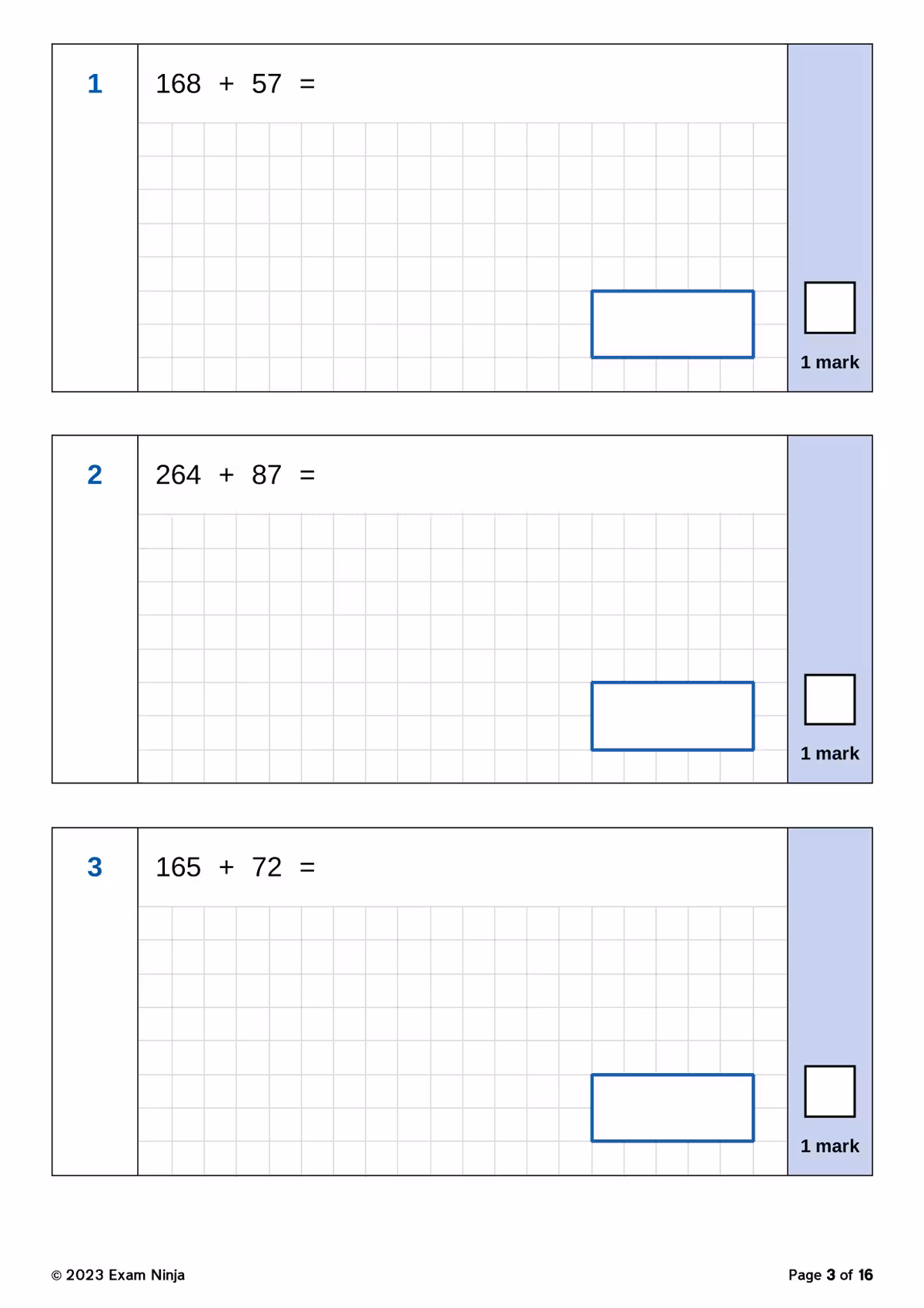 Three addition sums requiring column calculation, with grid space to work out answers and a box to write the final result
