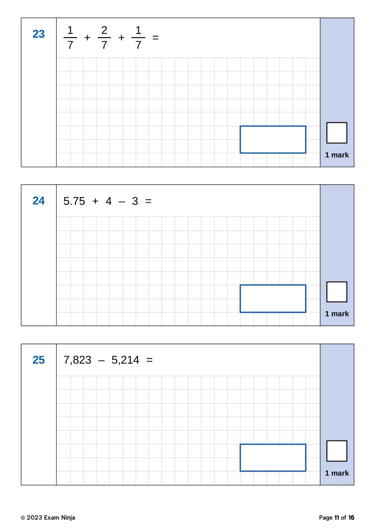 Three arithmetic questions on fractions, decimals and whole numbers, with grid space to show working and a box for the final