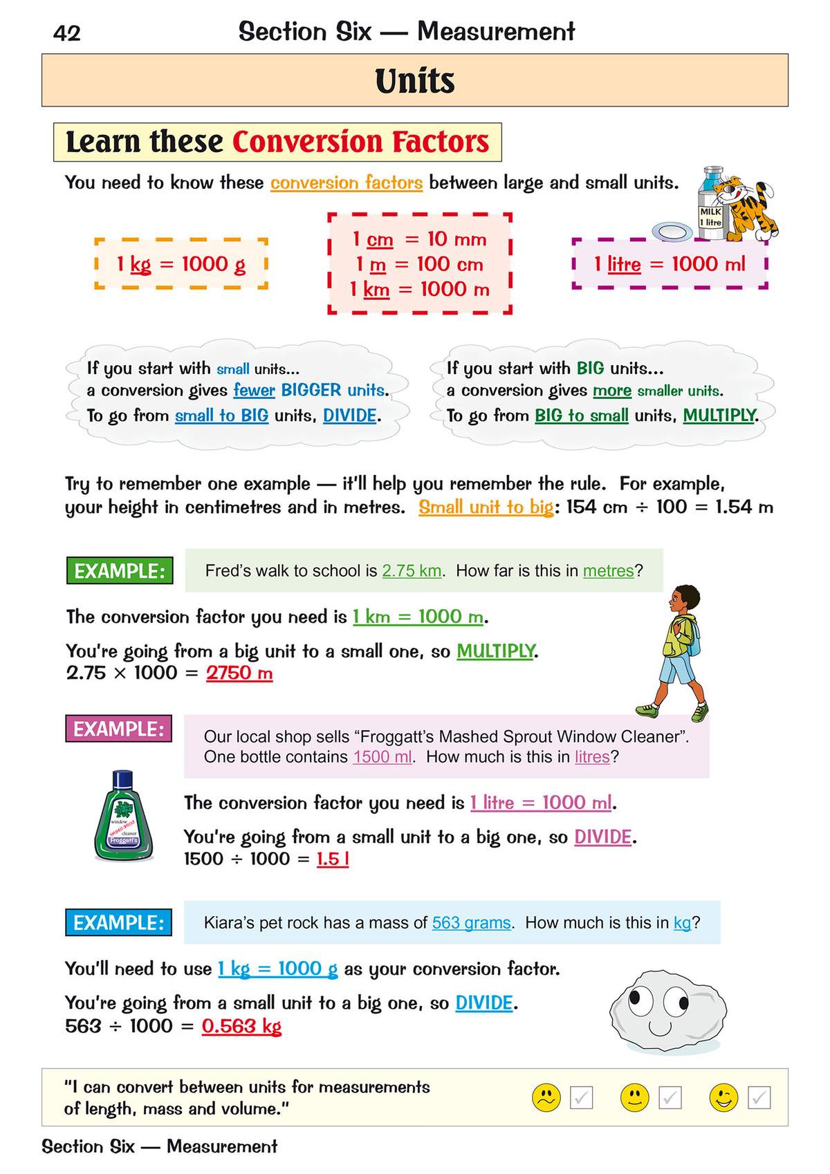 Clear rules and worked examples show how to convert between large and small metric units for length, mass and volume