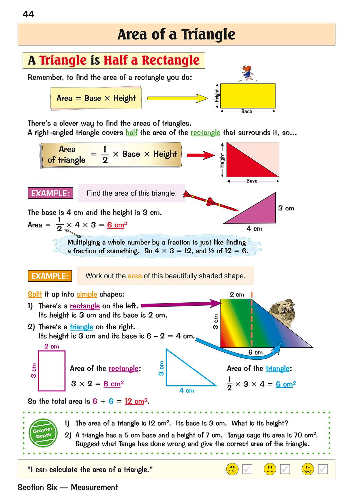 Clear worked examples on finding the area of triangles and composite shapes