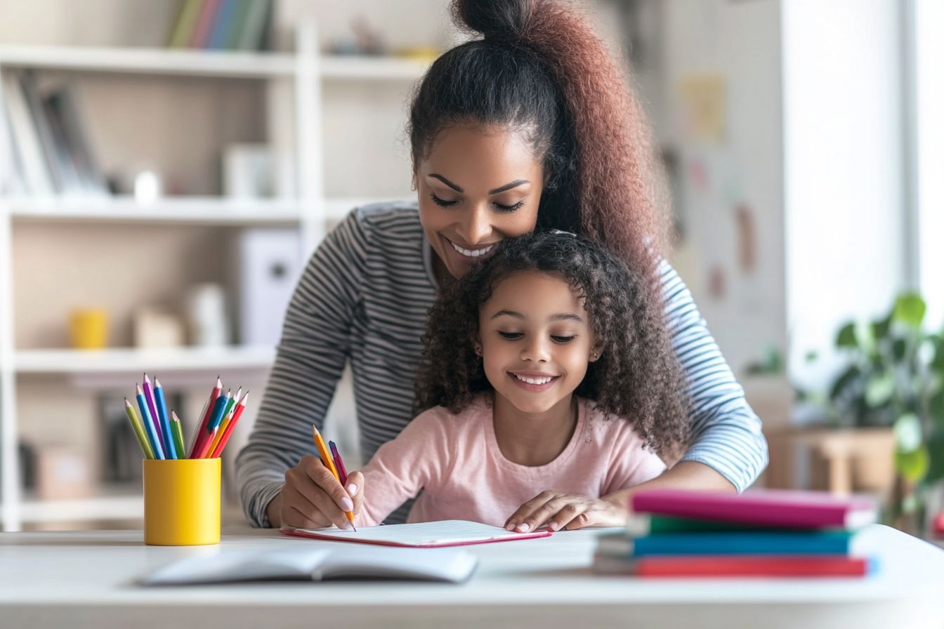 Girl smiling at her Mum while doing revision
