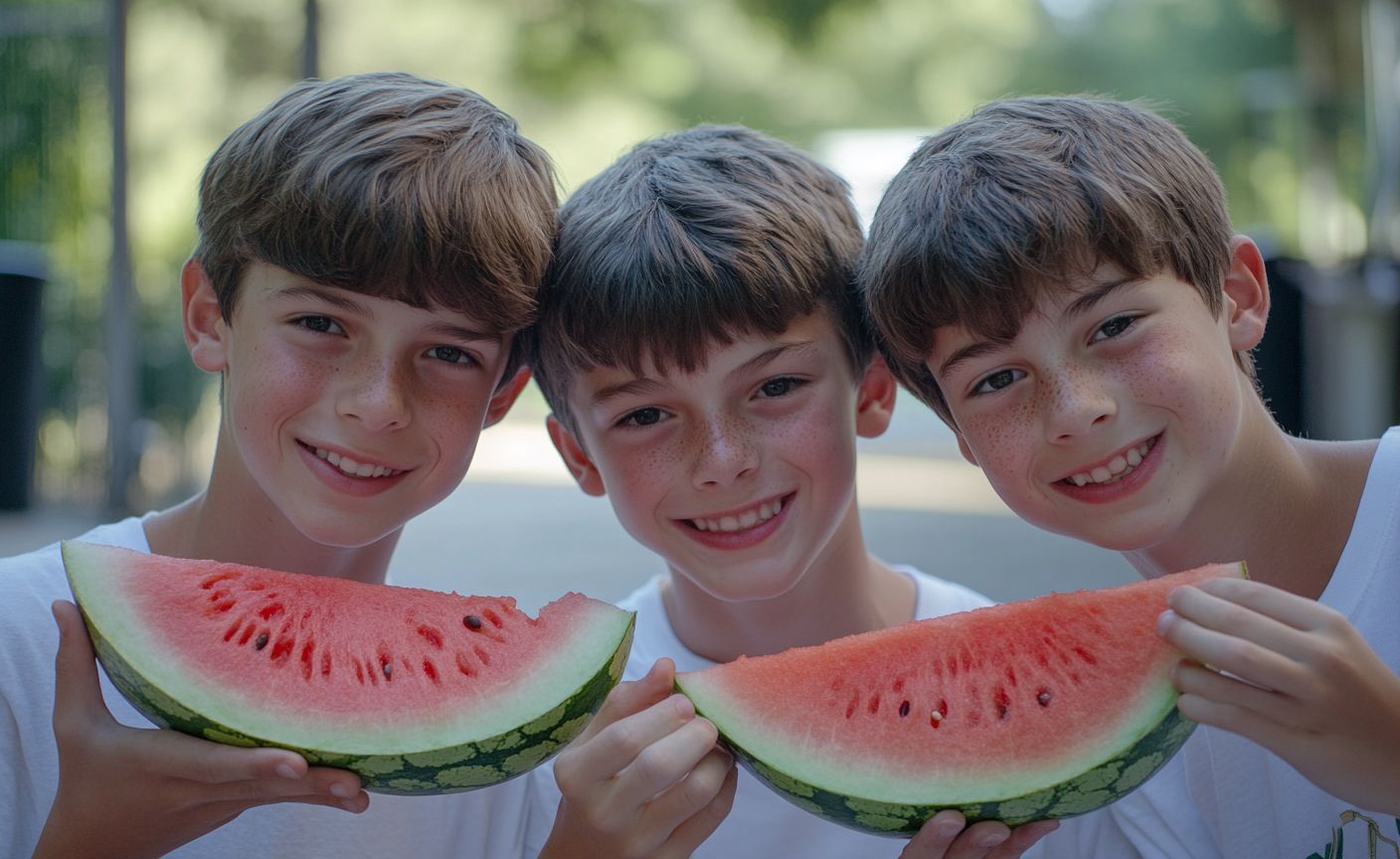 Happy kids eating melons