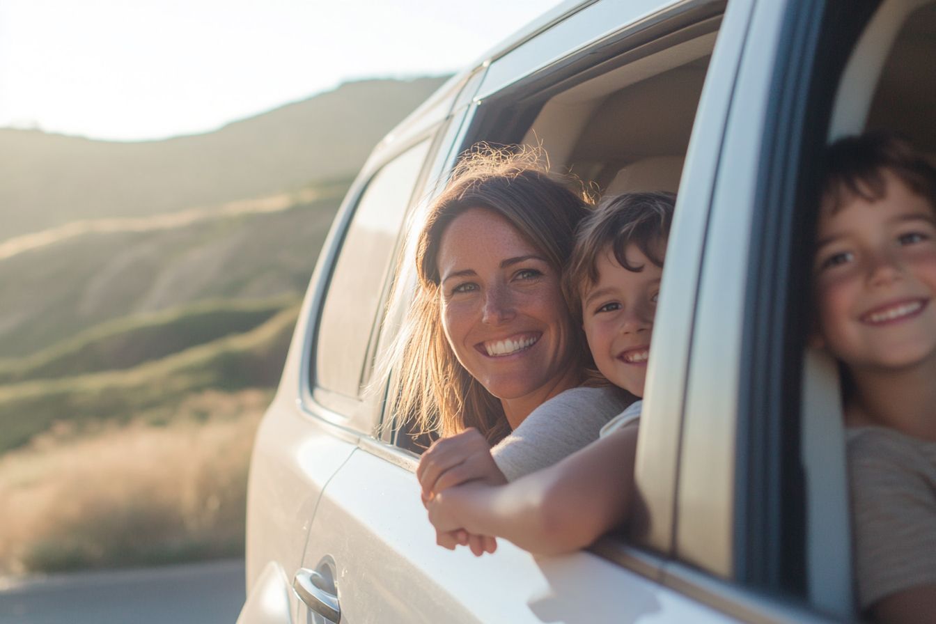 Kids smiling at their mum in the car