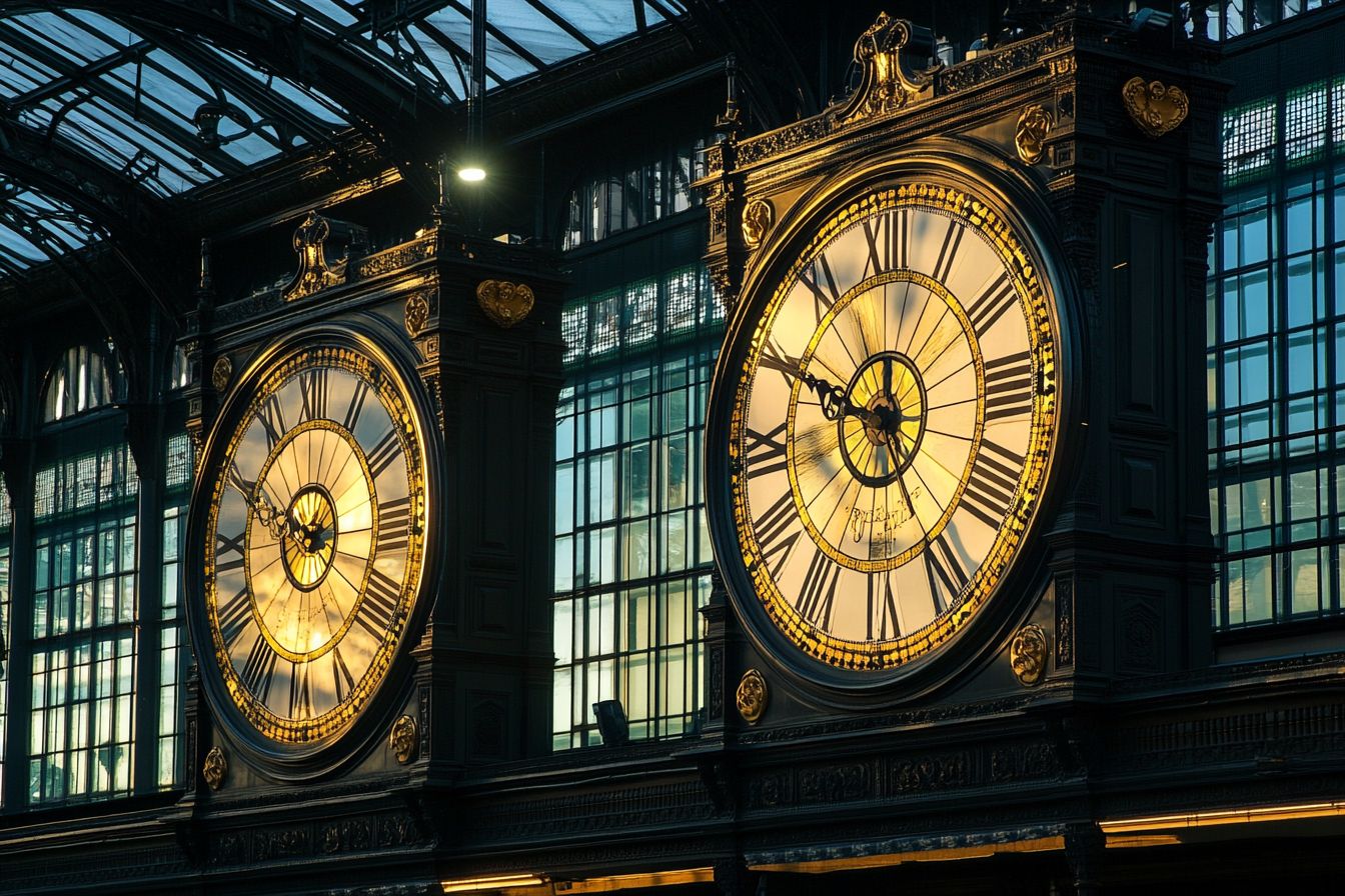 Clock face in train station that uses Roman numerals