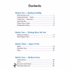 A contents page listing four sections on reading skills, text types and food, with page numbers for each topic