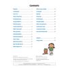 A contents page listing 15 reading comprehension activities with page numbers, plus an illustration of a girl and teddy